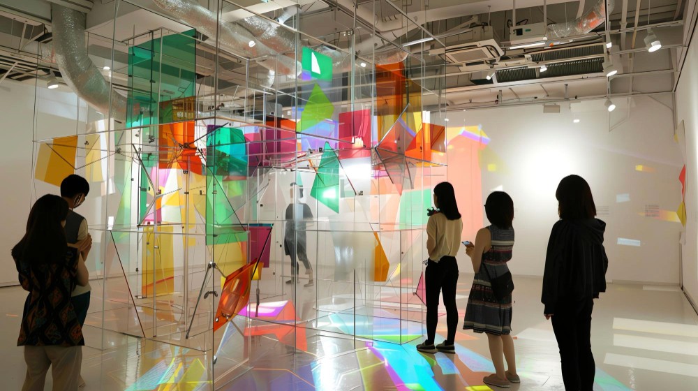 現代藝術展覽室內大型彩色幾何透明裝置，展示公眾責任與商業保險保障之公共空間場景。