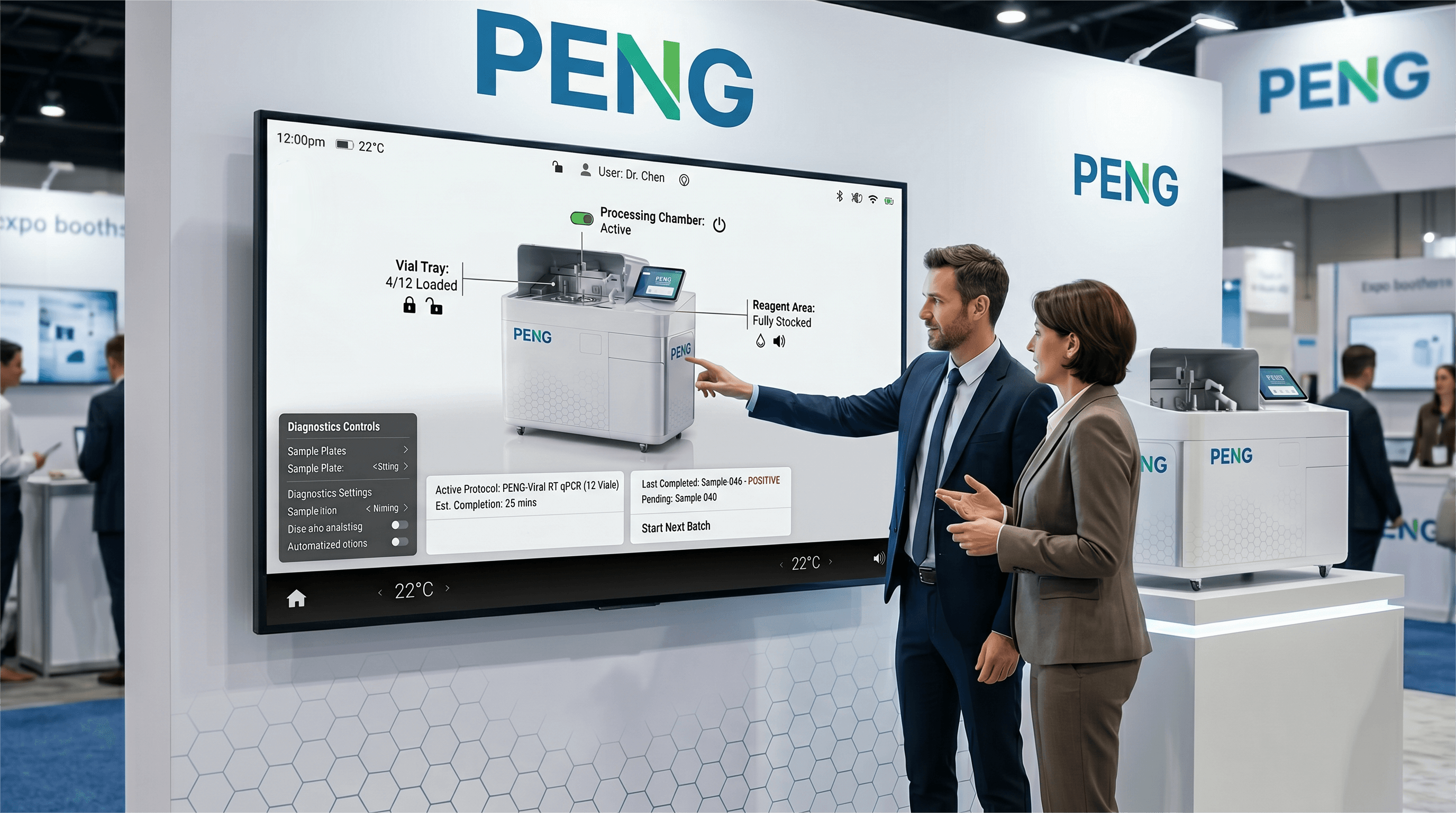A medical analyzer digital twin on a large screen at a trade show