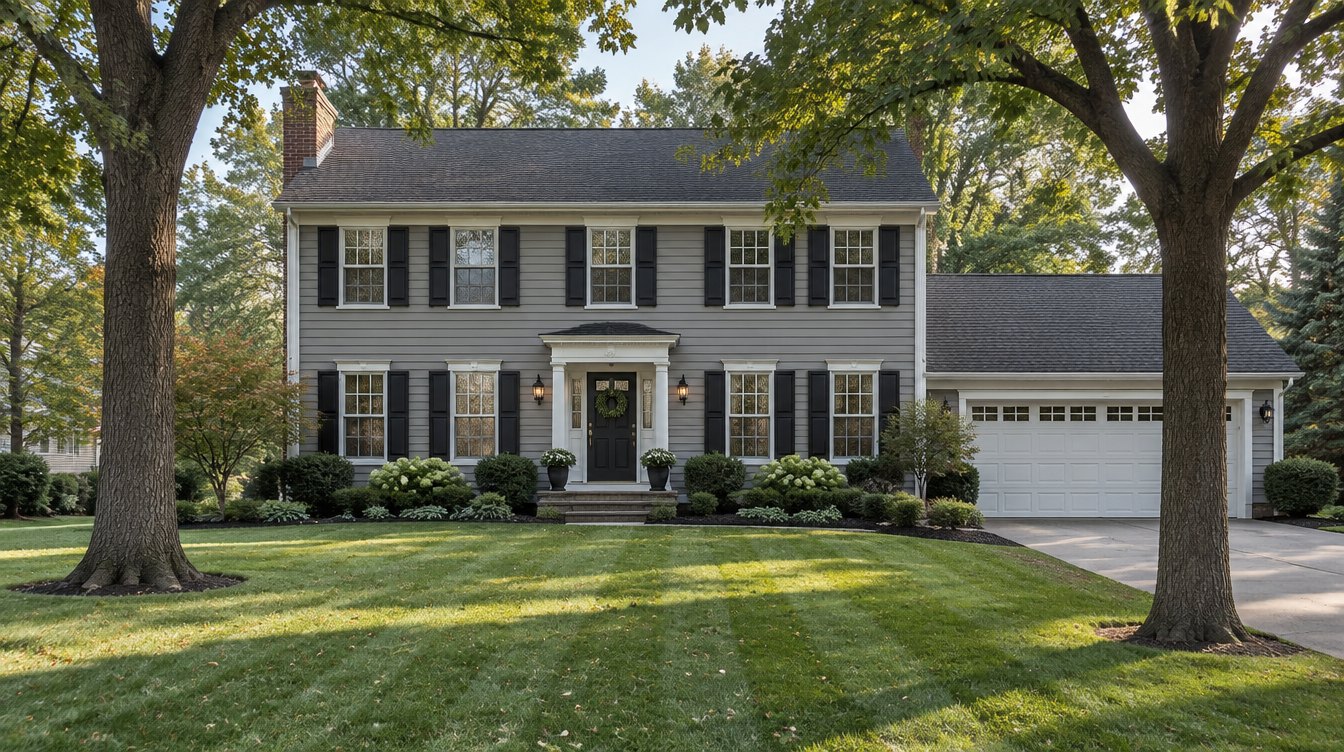 Illustrative photo: Two-story colonial home in a leafy neighborhood. Not a property listing.