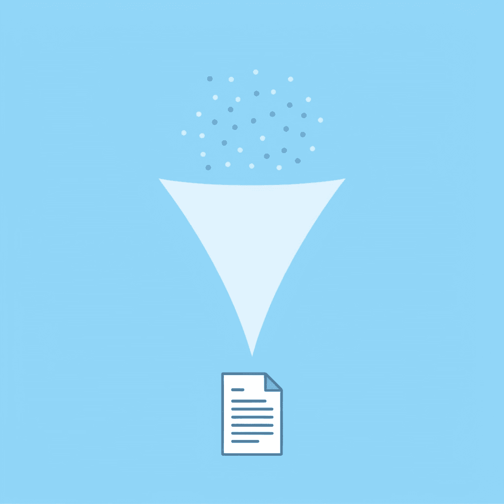 Funnel diagram showing large amounts of document content being filtered down to essential key points