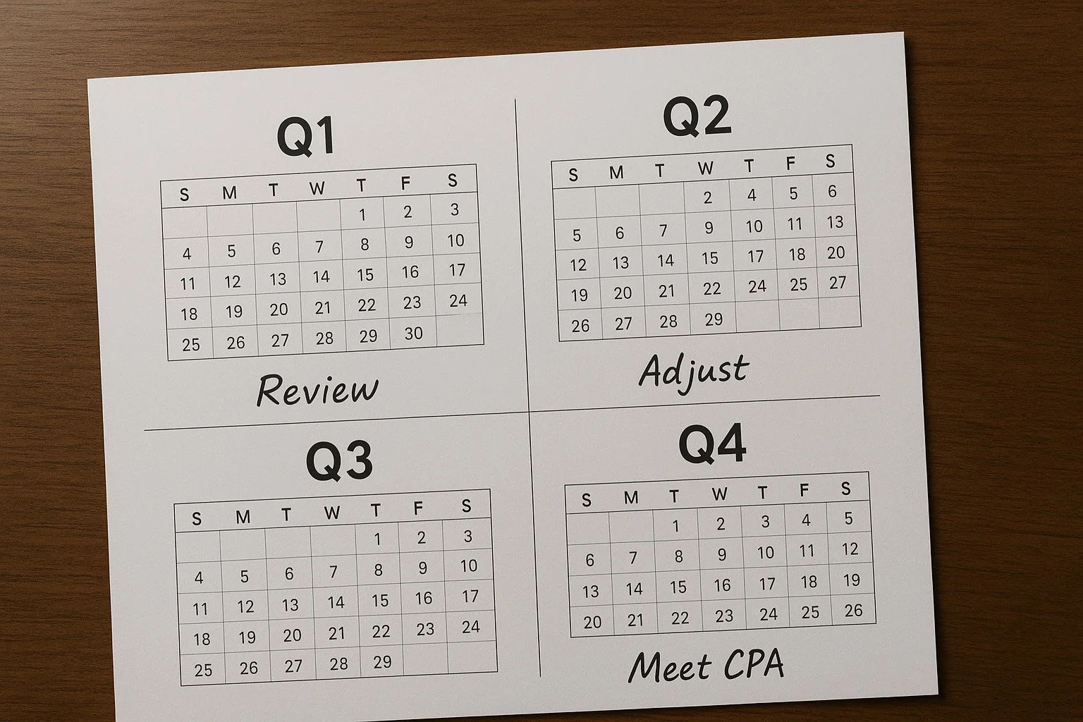 Quarterly calendar divided into Q1 to Q4 sections with notes for review, adjust, and meet CPA, representing ongoing tax planning.