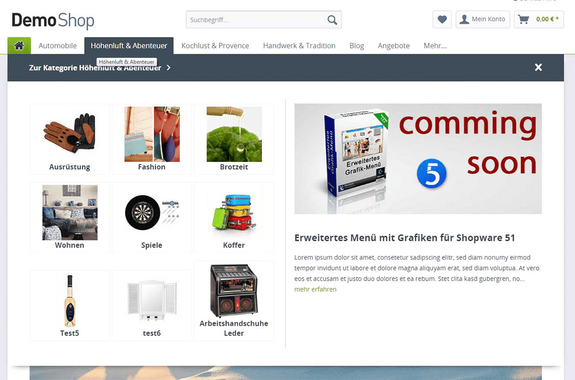 Shopware Plugins Österreich: Erweitertes Menü mit Grafiken + Dropdown