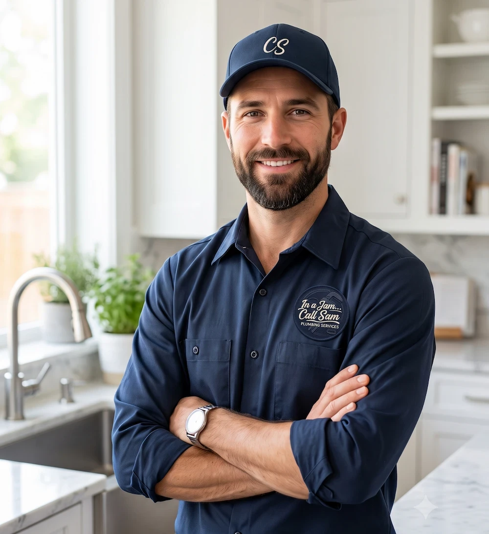 A licensed master plumber from In A Jam Call Sam standing in a residential kitchen, providing trusted plumbing services in Northern Virginia.