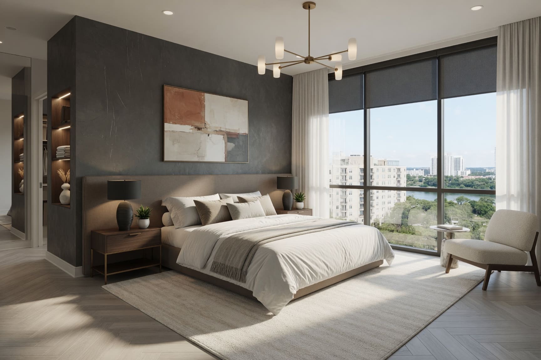 Primary bedroom with city views and large format artwork