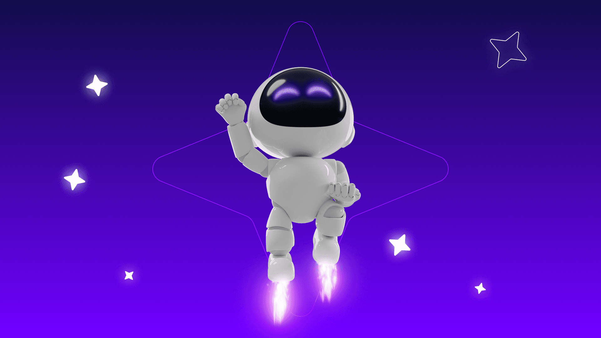 A friendly white 3D robot mascot flying with rocket boosters against a purple, starry background, created for a spend management platform.