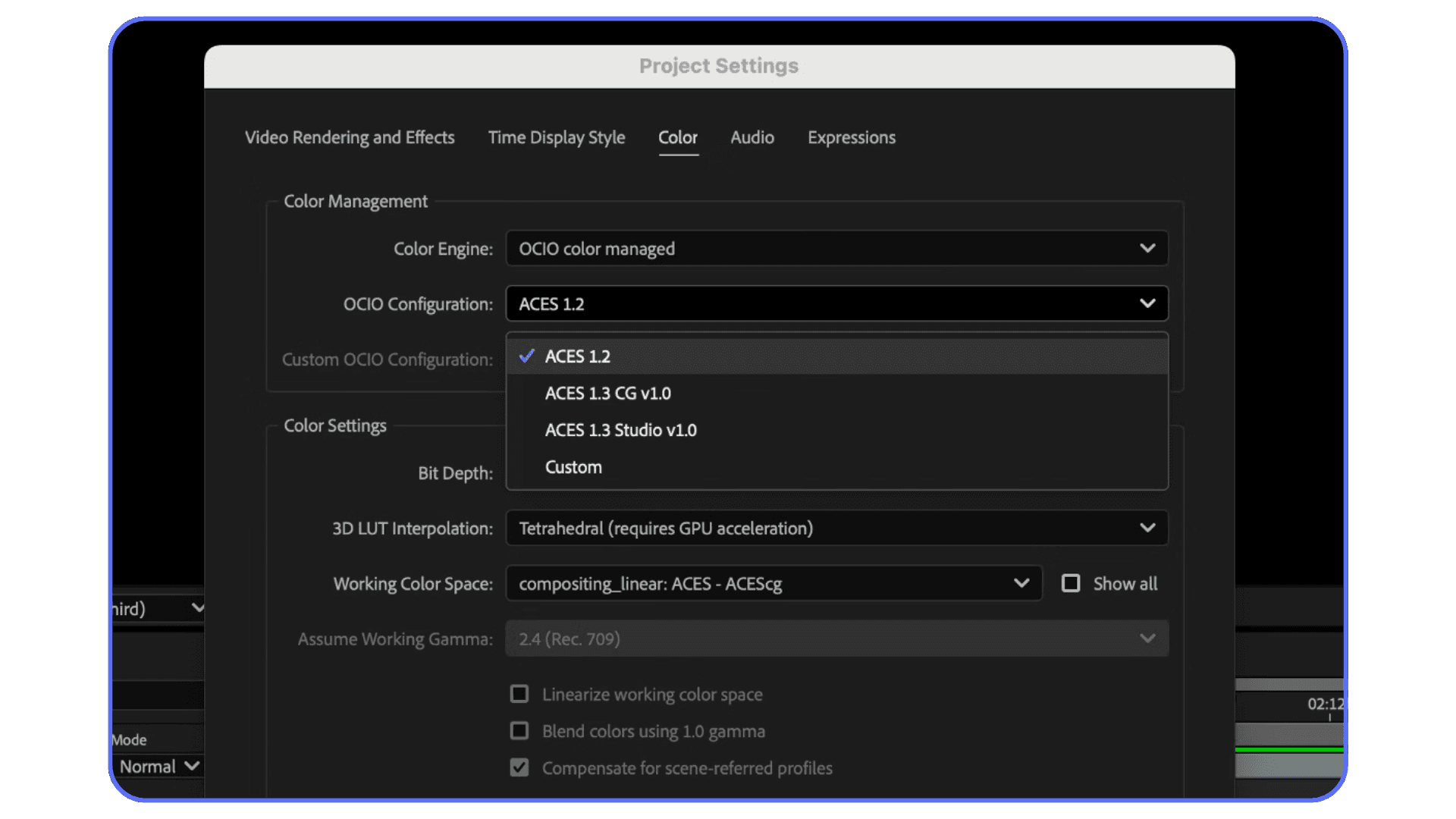 After Effects project color settings showing ACES color management and linear working color space
