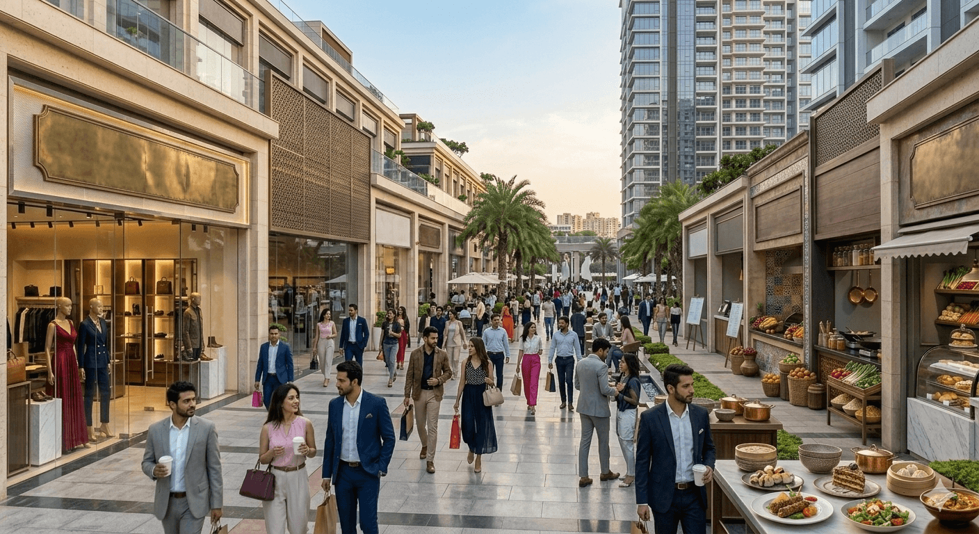 Busy pedestrian shopping plaza and landscaped walkways at a premium commercial project in Sector 65 Gurugram