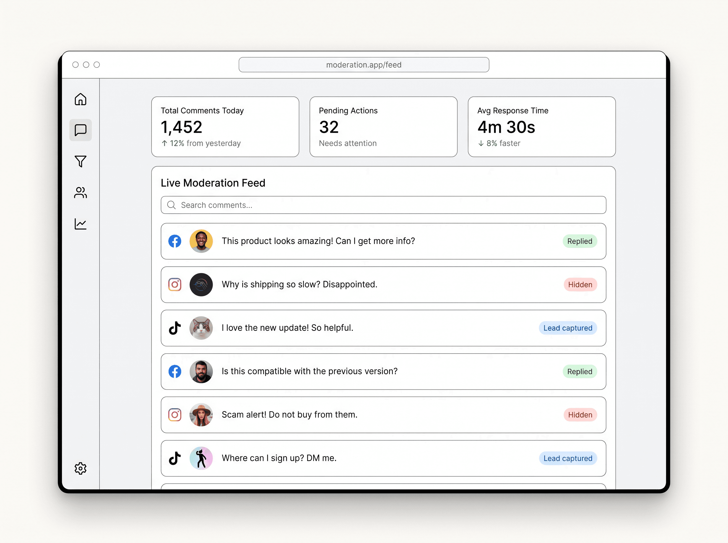 Exerta live moderation feed dashboard