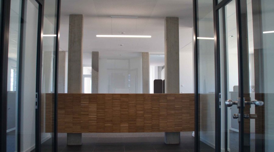 Modernes Büro-Interieur: Empfangsbereich mit Holztisch und Glaswänden. Architektonisches Design.