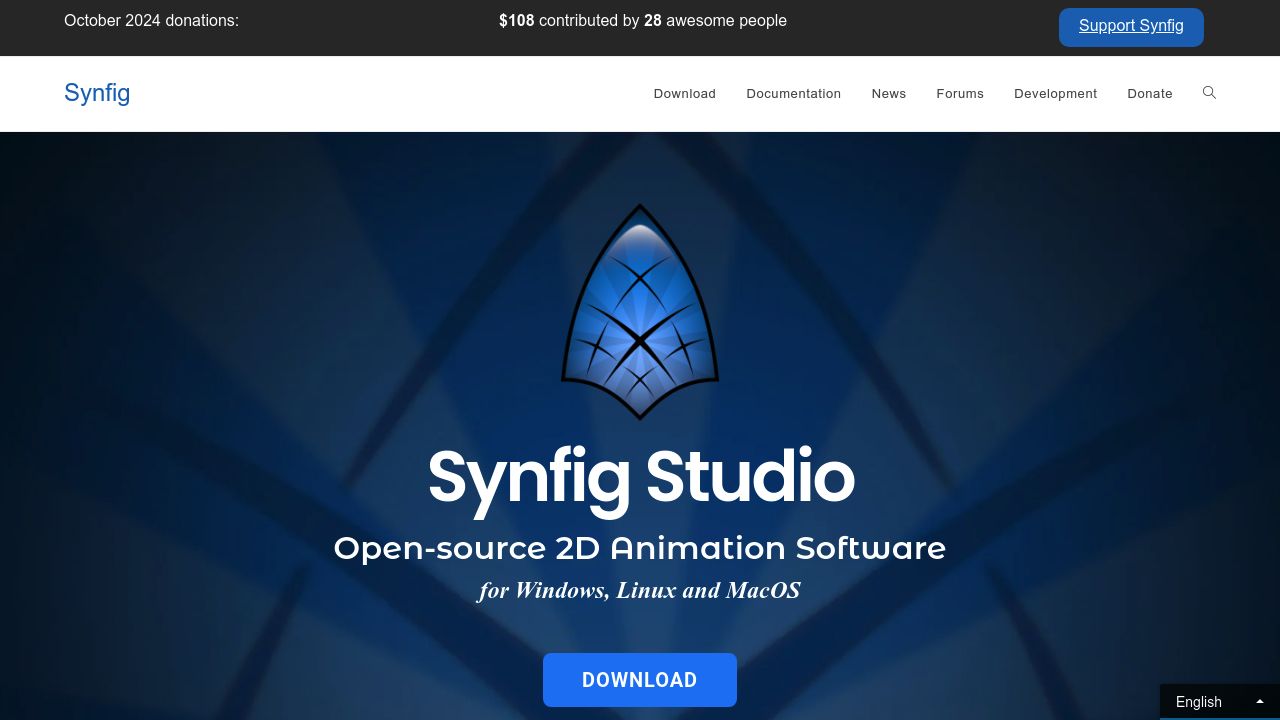 Screenshot of the Synfig website presenting free and open-source vector-based 2D animation software