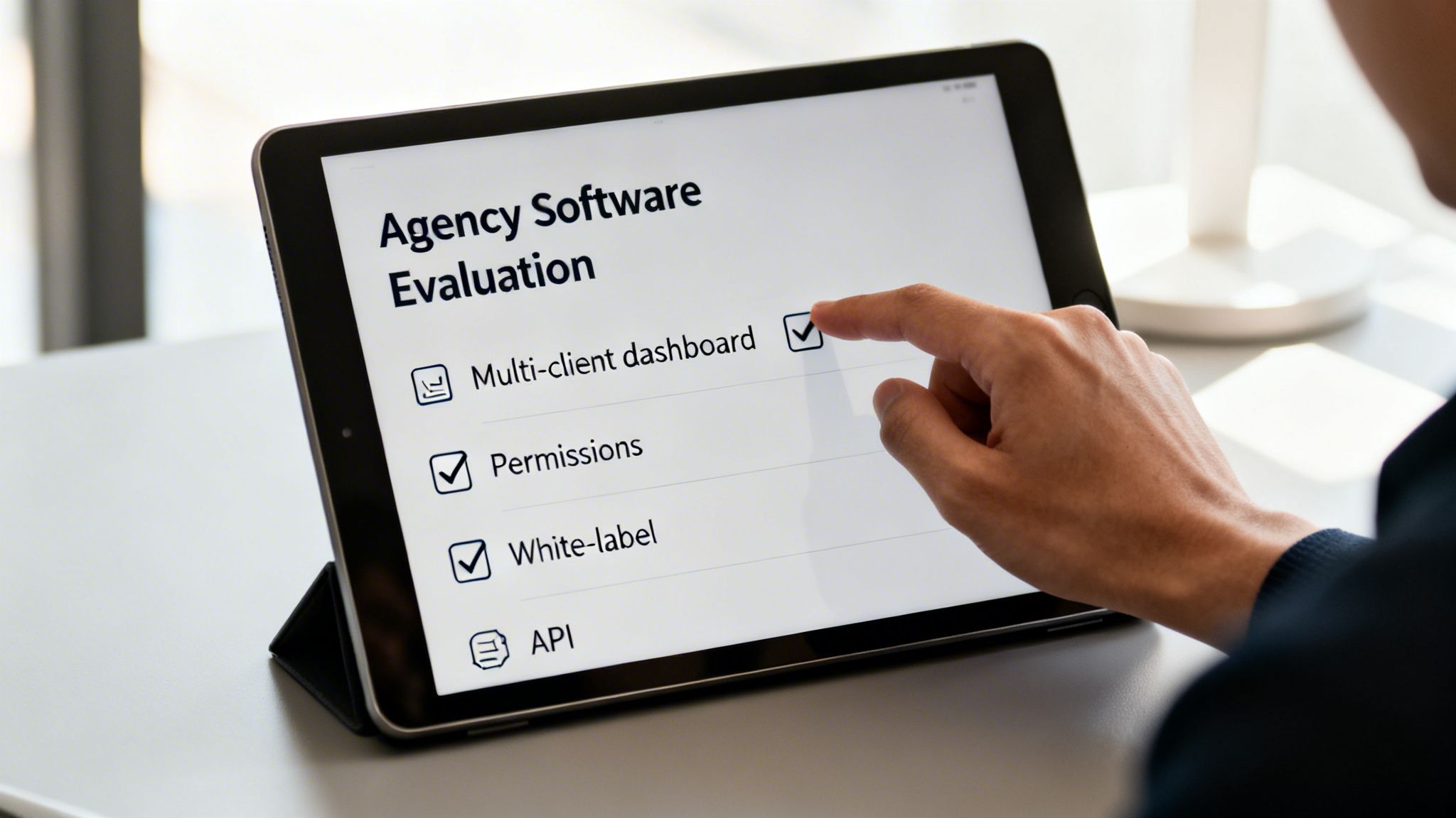 A person's hand checks 'Multi-client dashboard' on a tablet displaying an 'Agency Software Evaluation' checklist.