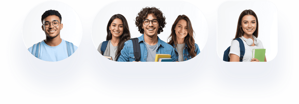 Smiling students with backpacks and books, ready for learning and classes.