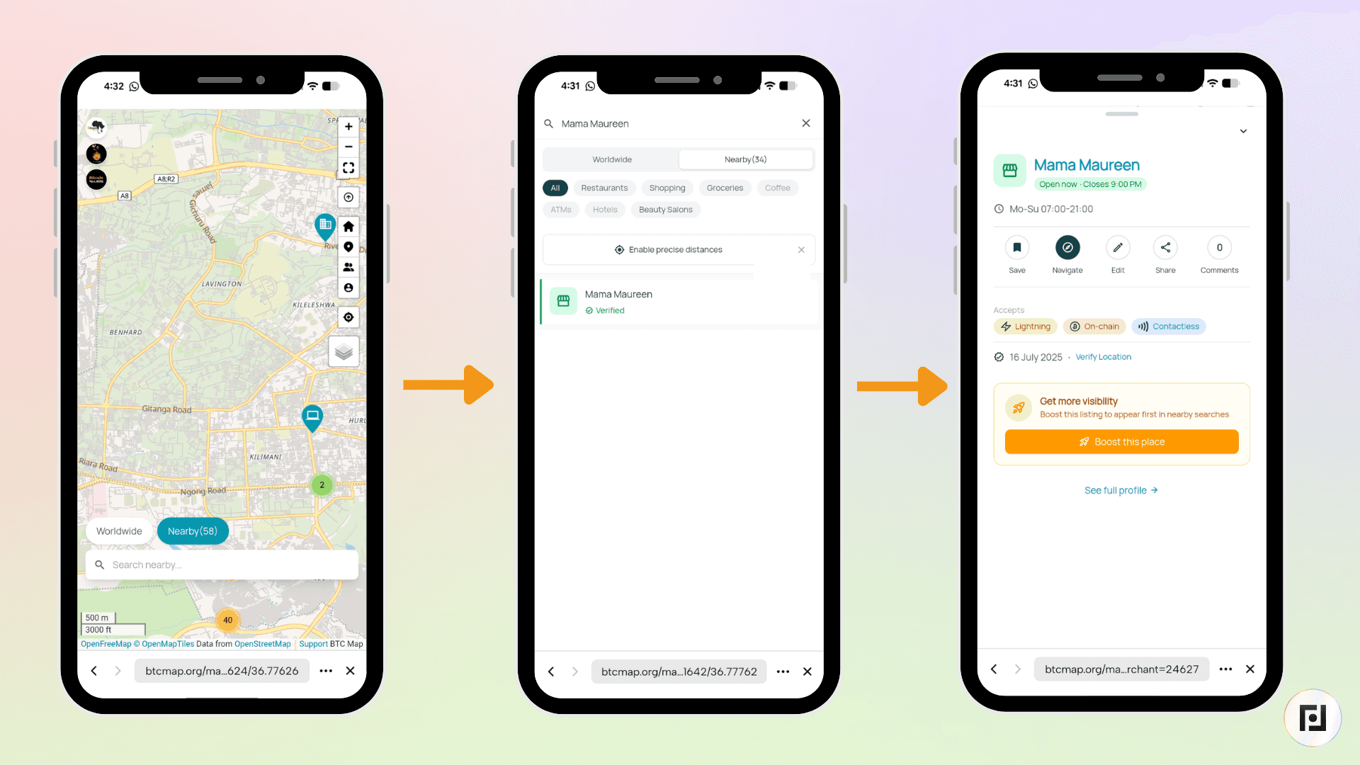 BTC Map search results for "Mama Maureen" showing a filtered merchant listing with Lightning, on-chain, and Contactless payment options