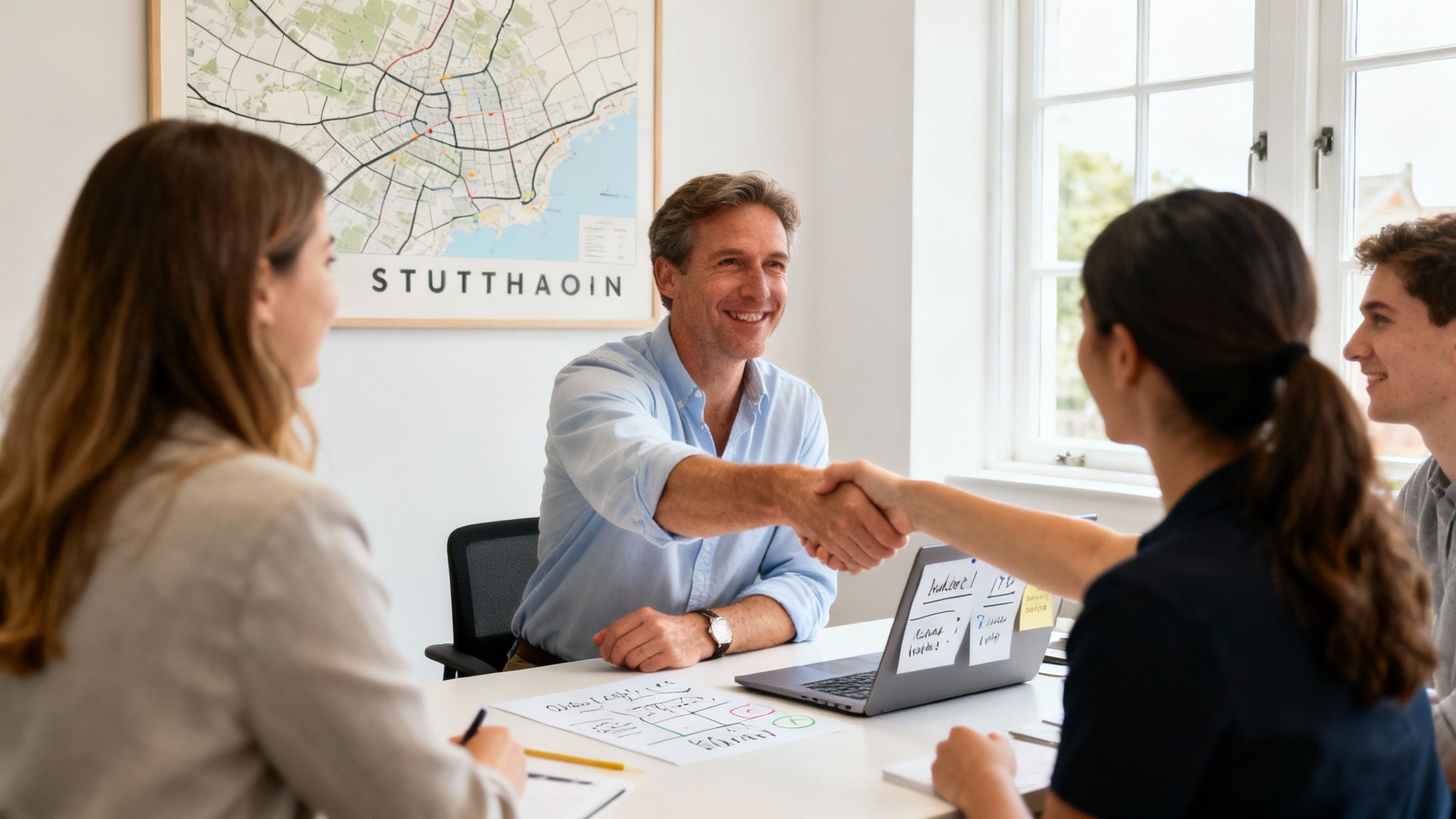 A professional team collaborating on a marketing strategy in a modern office setting.