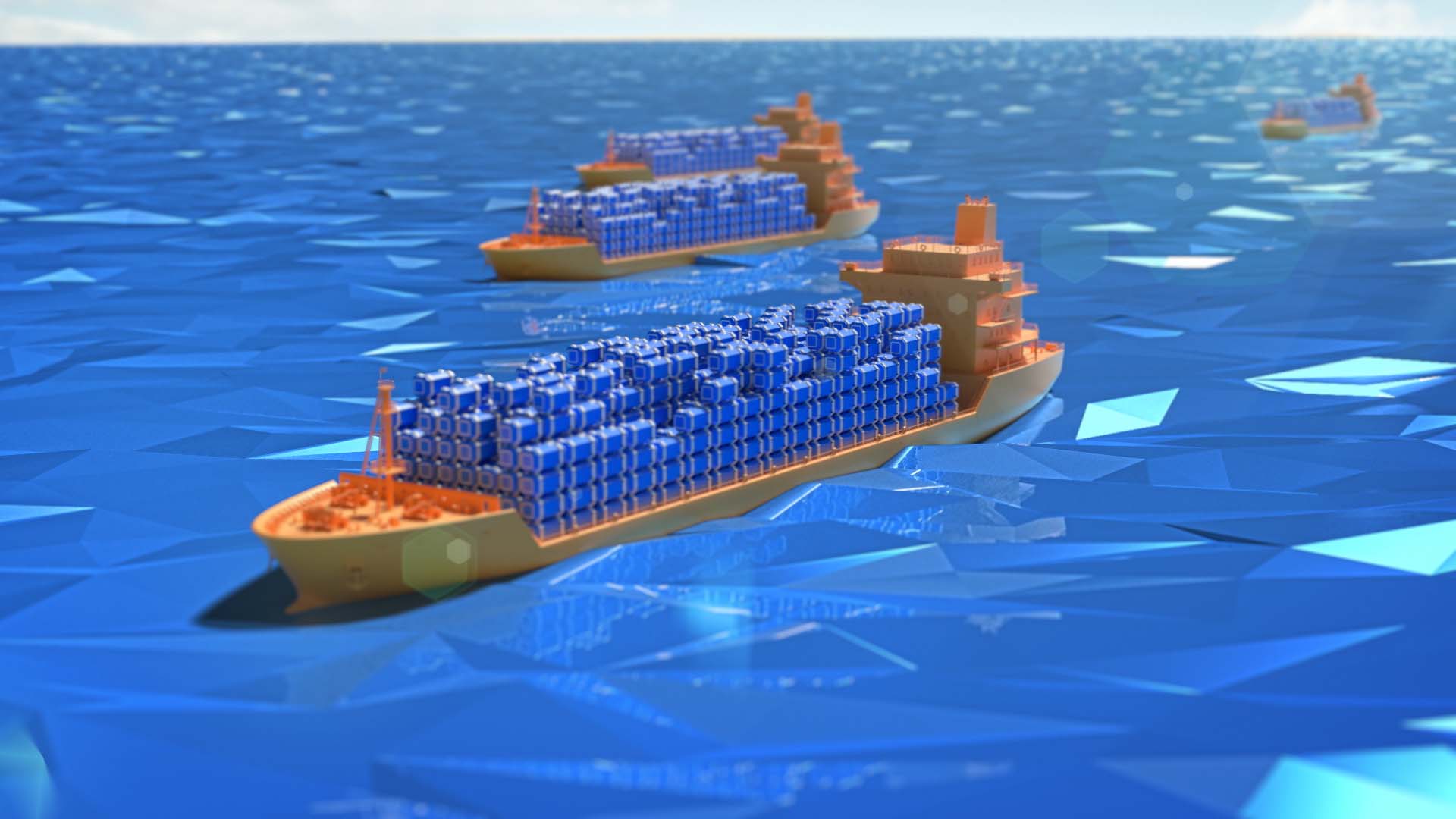 3D model of a container ship on simplified water background