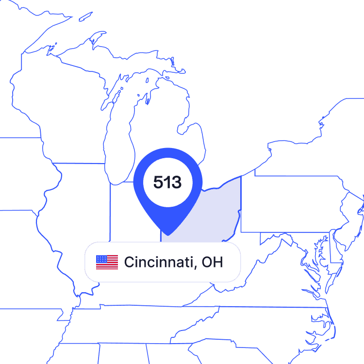 US map of 513 area code phone numbers and its coverage region