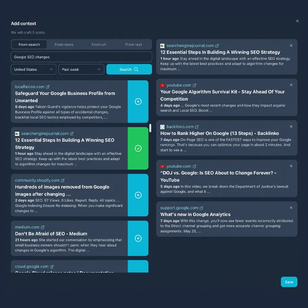 Screenshot showing AI search for sources for LinkedIn posts