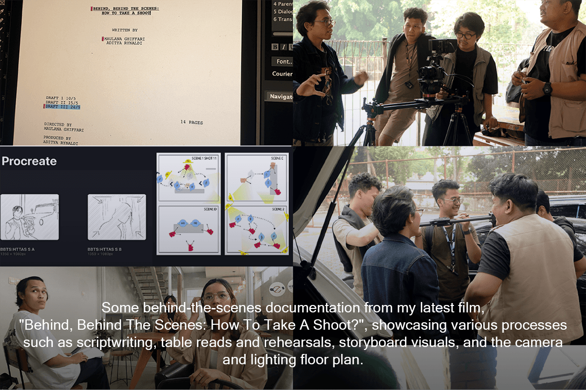 Some behind-the-scenes documentation from my latest film, "Behind, Behind The Scenes: How To Take A Shoot?", showcasing various processes such as scriptwriting, table reads and rehearsals, storyboard visuals, and the camera and lighting floor plan.