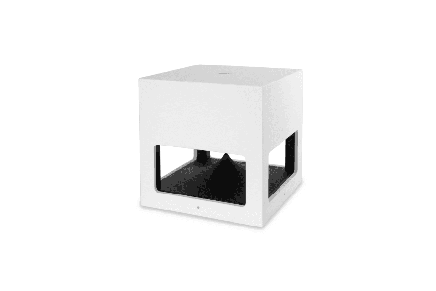 Black smart home device with screen showing time and temp