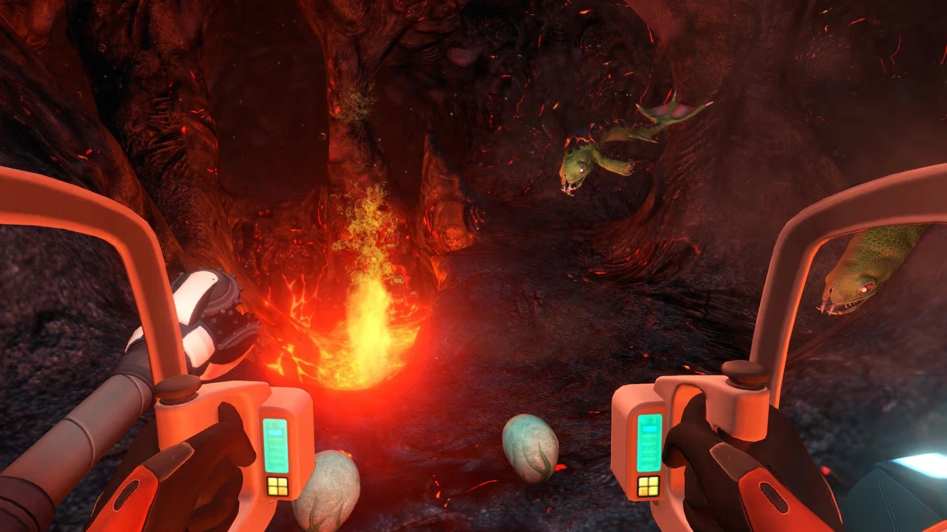 A person explores a fiery underground deep sea cave in a virtual reality game, holding advanced controllers, surrounded by glowing lava, alien eggs, and swimming serpent-like creatures.