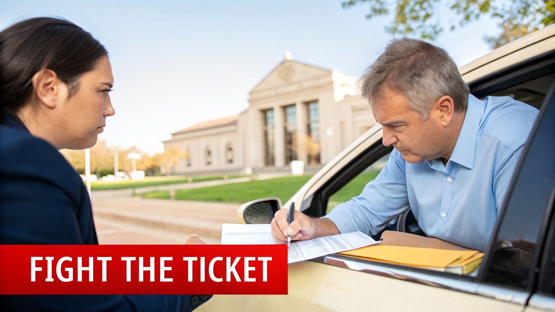 An attorney advises a driver signing a document in a car, with a courthouse visible. Text: FIGHT THE TICKET.
