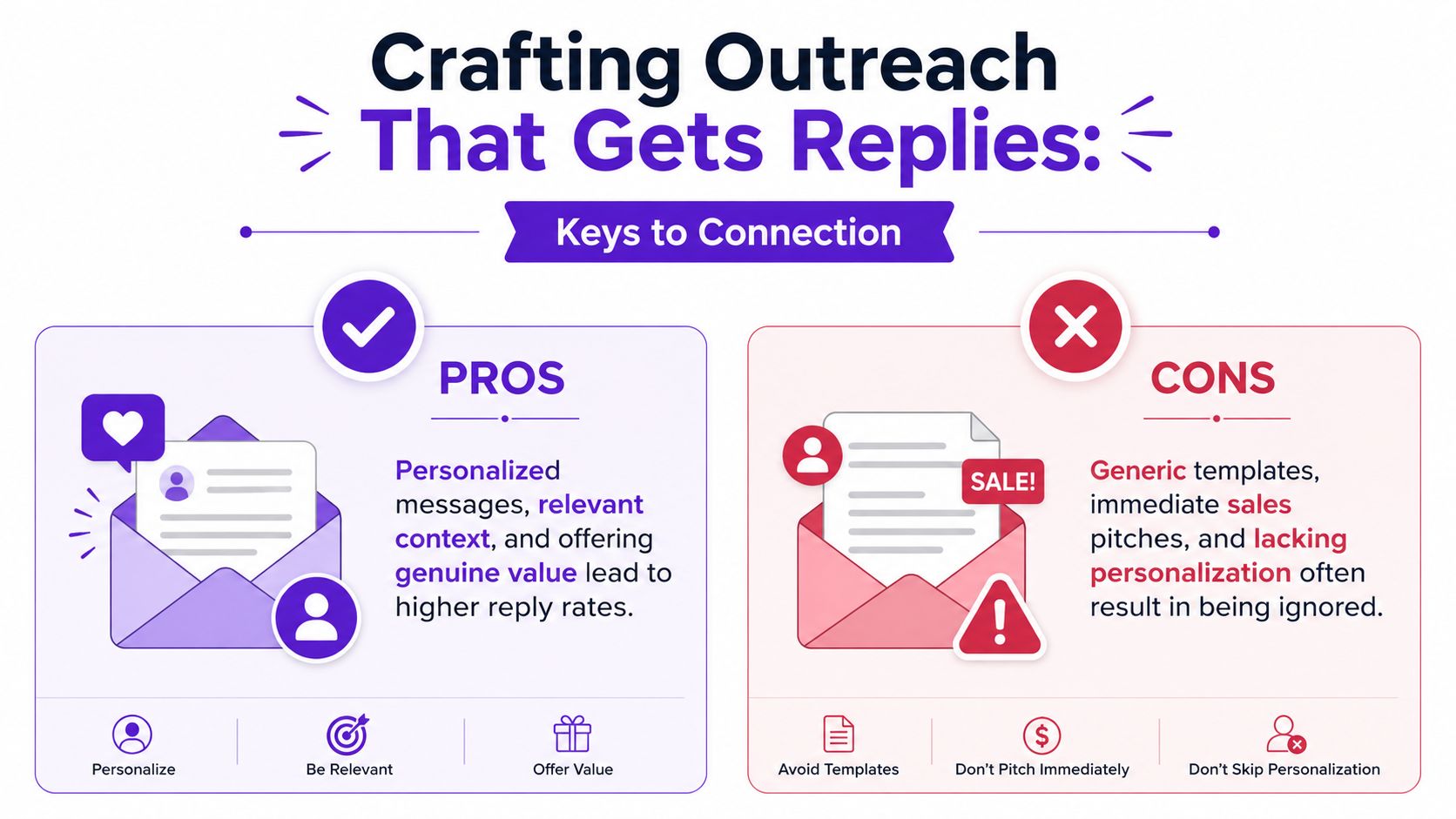 An infographic showing pros and cons of outreach strategies comparing personalized messaging versus generic sales templates.