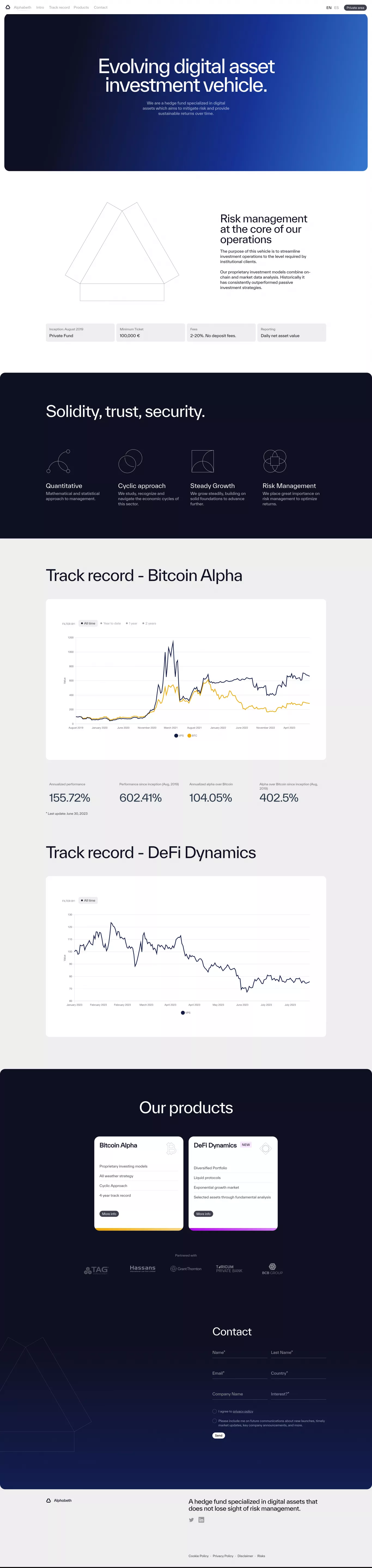 Evolving digital asset investment vehicl landing page screenshot showcasing Tech and Finance design