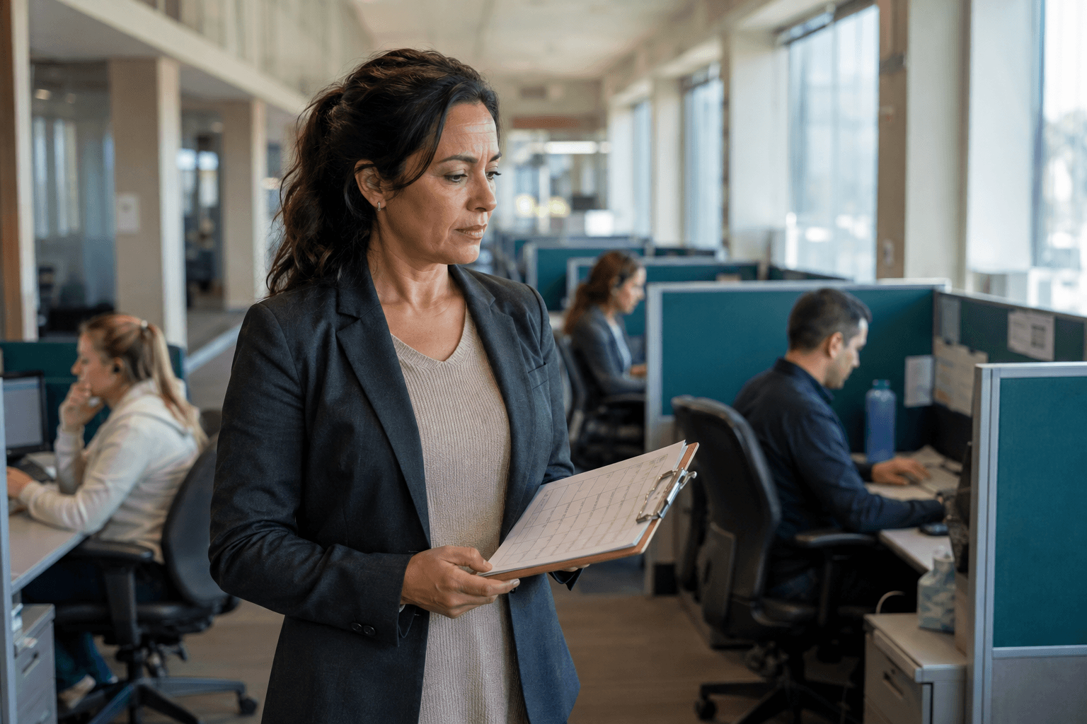A woman with a clipboard stands beside a team working at contact-centre desks.