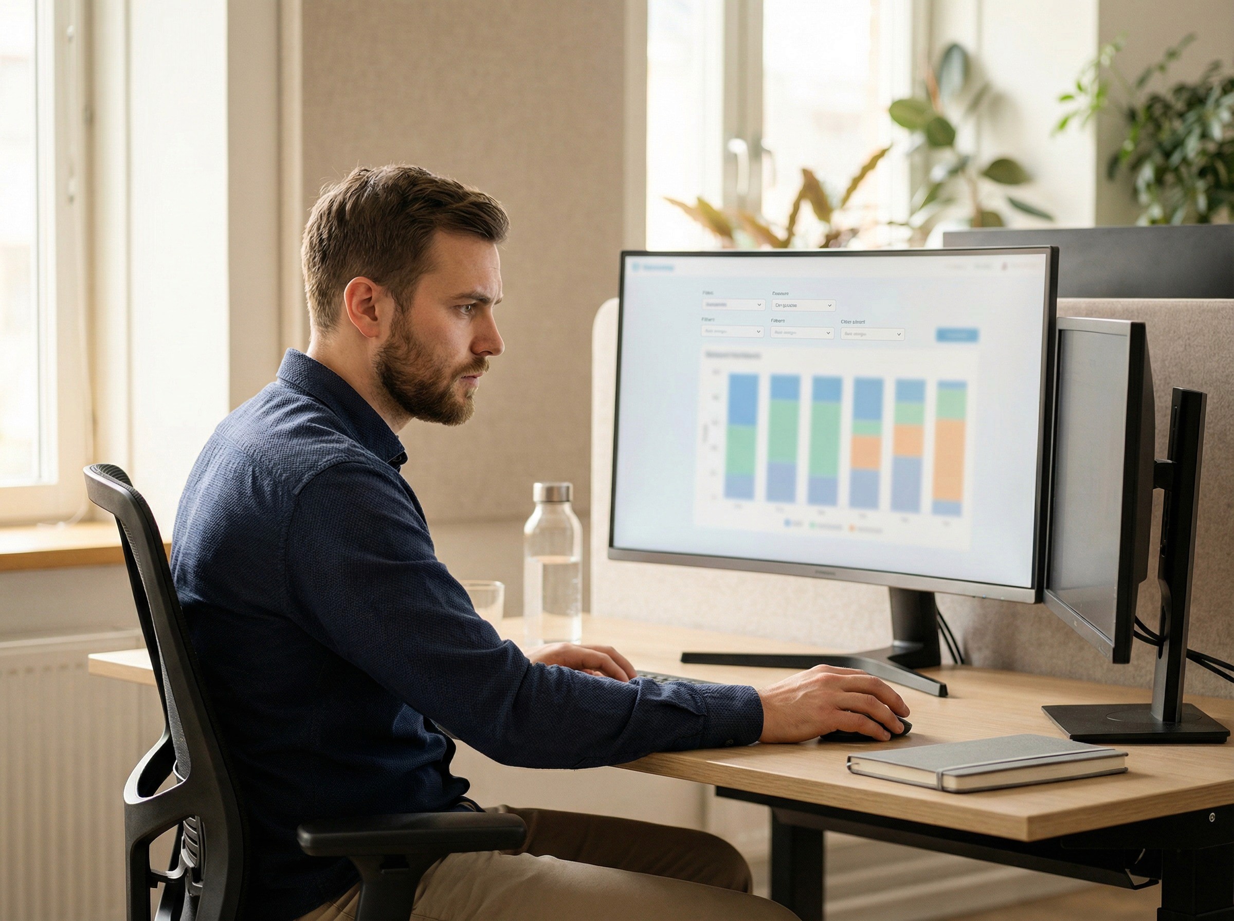 A WHS analyst in his late 20s working at a desk in a quiet corner of an open-plan office, leaning slightly forward toward a wide monitor with the focused expression of someone narrowing in on a specific detail. One hand is on the mouse, mid-click.