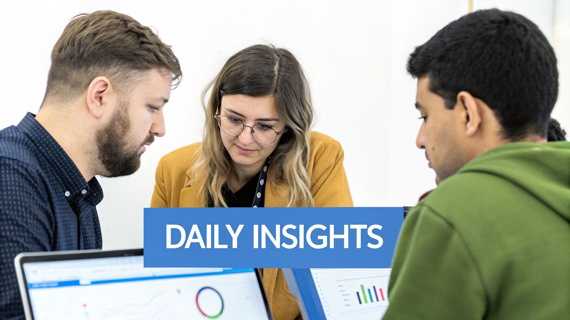 Three diverse people collaborating and analyzing data on laptops with charts and graphs.