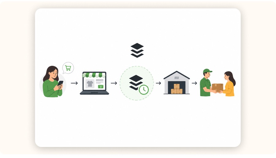 Minimal dropshipping workflow with Buffer step and delivery illustration&nbsp;