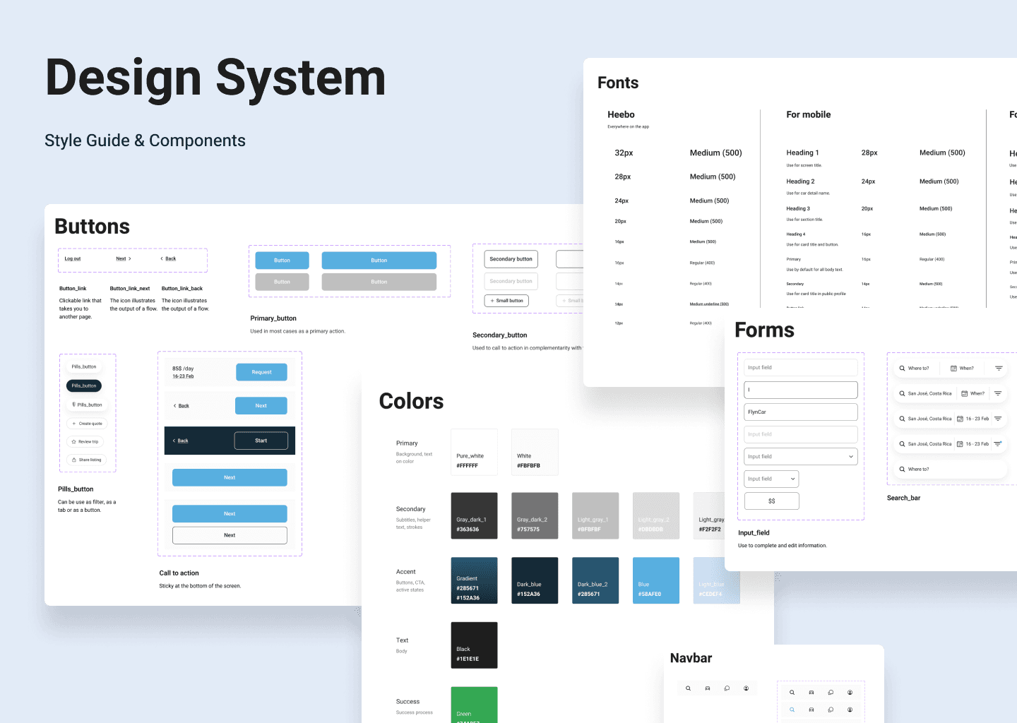 Design system style guide showcasing buttons, colors, fonts, and form components for the FlynCar project.