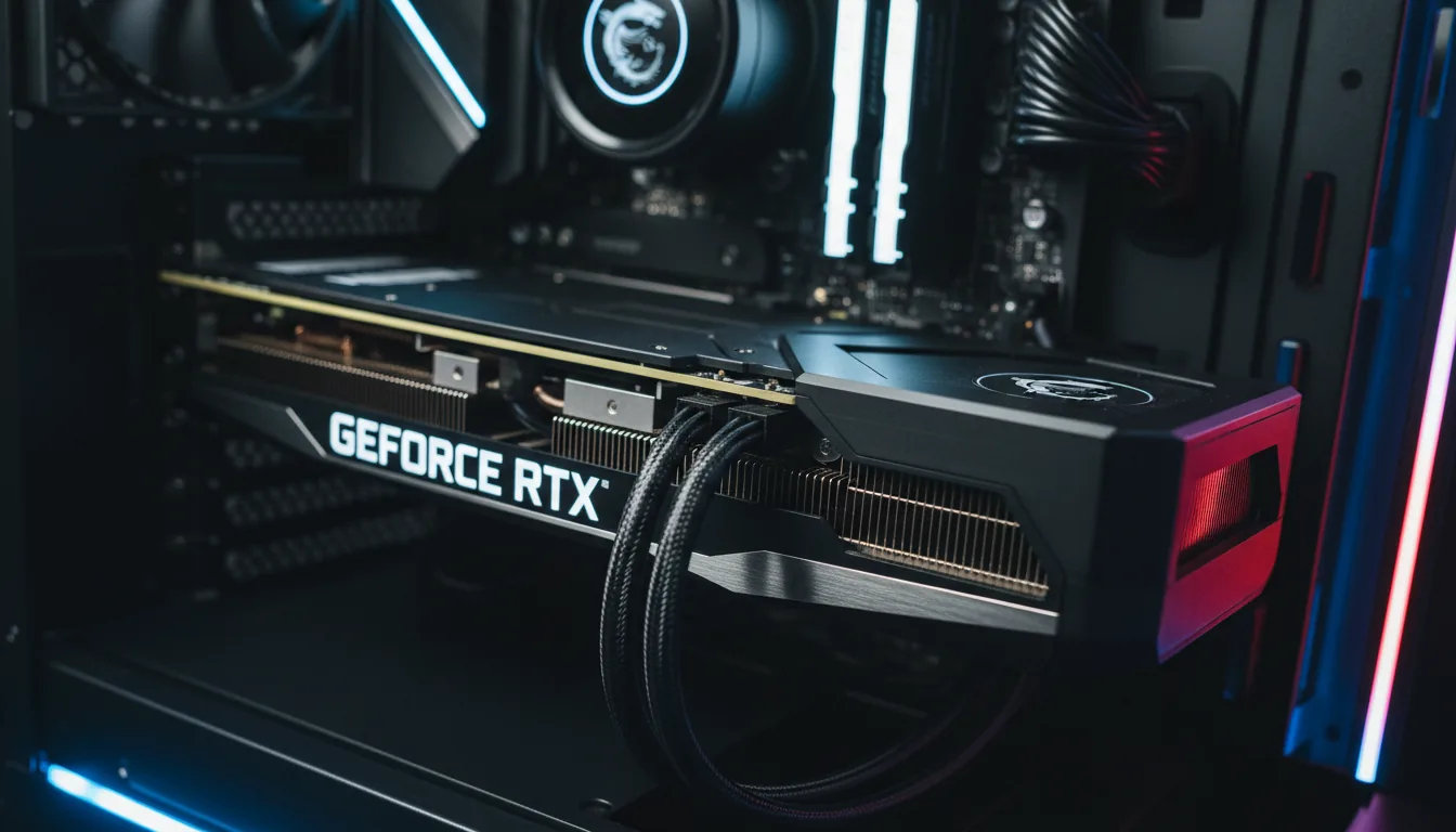 Macro DSLR photograph of a high-end MSI NVIDIA GeForce RTX graphics card installed in a dark PC case. Dramatic studio lighting with cinematic contrast highlights the matte black and brushed silver textures. The camera is at a sharp diagonal angle, with a shallow depth of field focusing precisely on the 'GEFORCE RTX' branding, revealing the metallic heatsink fins behind it.