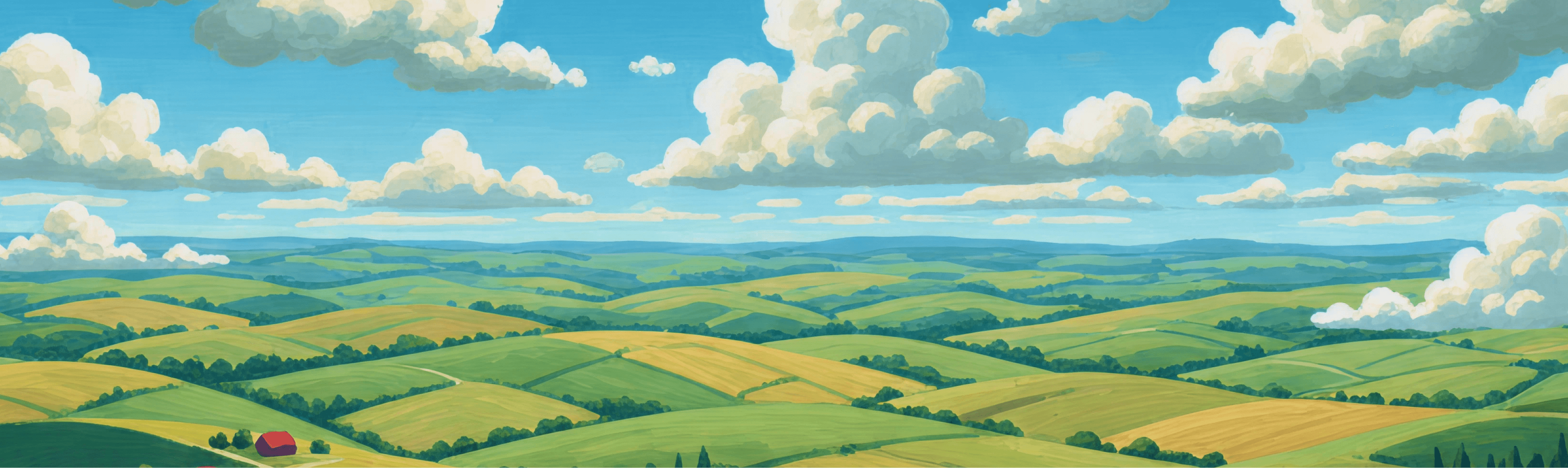 Illustration of a relaxing landscape with fields and clouds