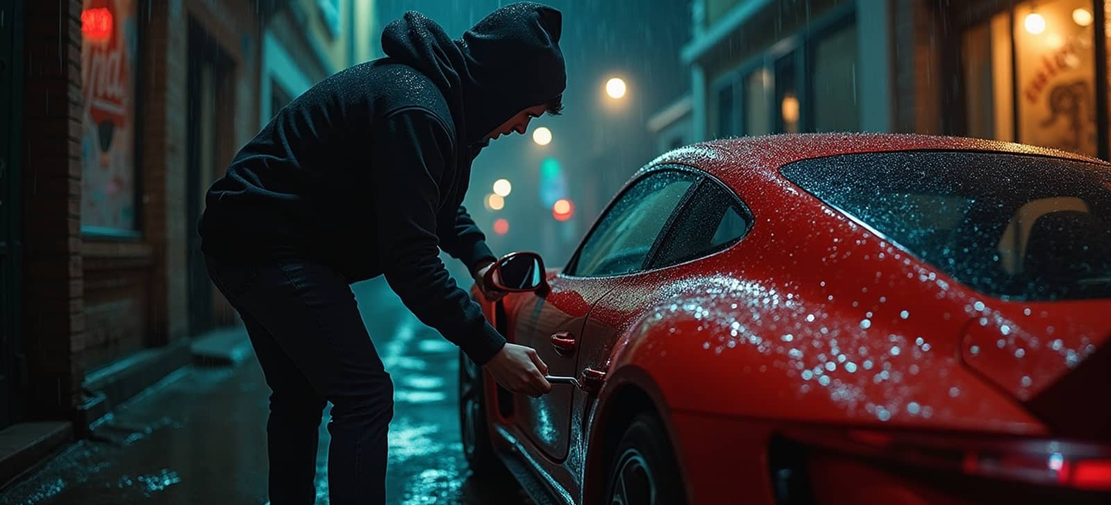Un voleur vêtu d'un sweat à capuche noir utilise un outil pour forcer la portière d'une voiture de sport rouge, la nuit, dans une ruelle pluvieuse.