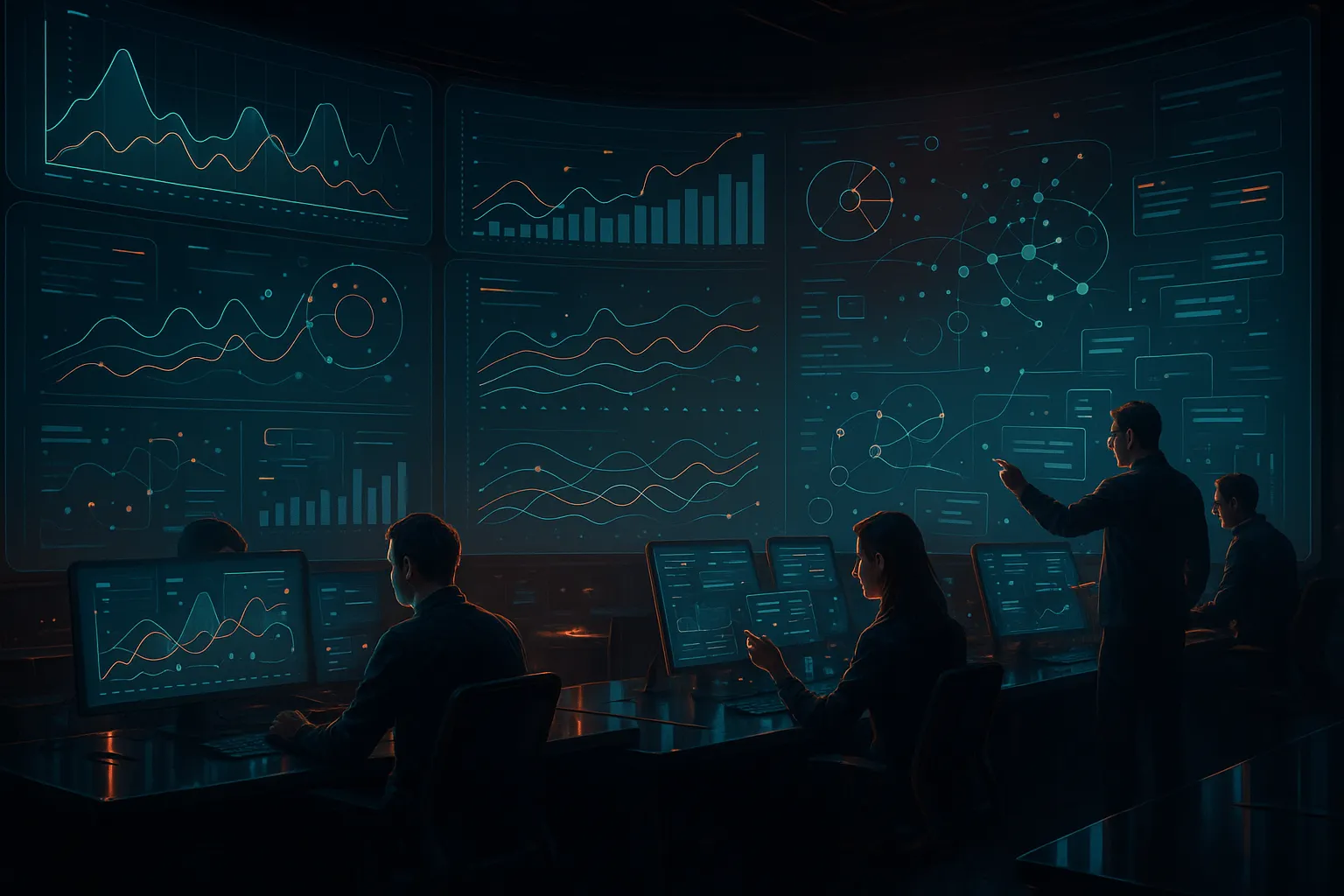 RockN' Socials team analyzing data at a digital marketing agency workspace.