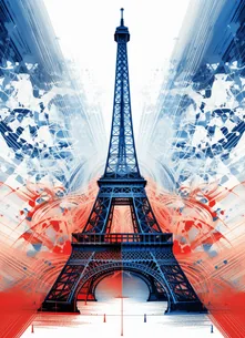 Artistic rendering of the Eiffel Tower set against a dynamic backdrop of blue and red digital brush strokes, illustrating Story Inventory's service of sharing your product's story in French to engage with the Francophone market
