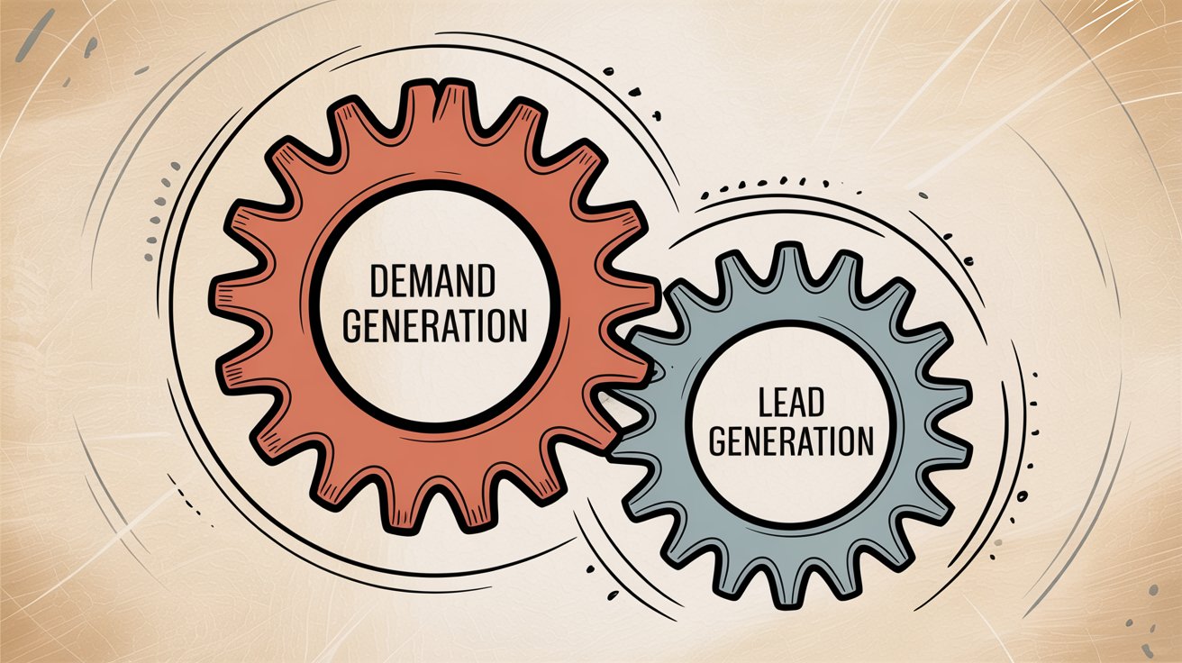 Two interlocking gears labeled demand generation and lead generation showing how both strategies work together as complementary yet distinct components
