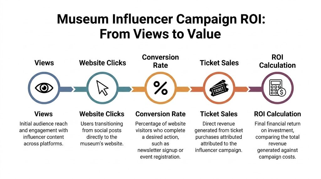 A flow chart illustrating the steps to calculate the return on investment for museum influencer marketing campaigns.