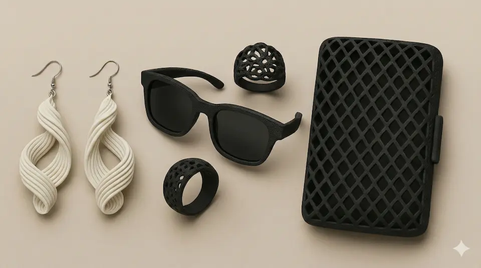 Acessórios de moda impressos em 3D nas cores branco e preto