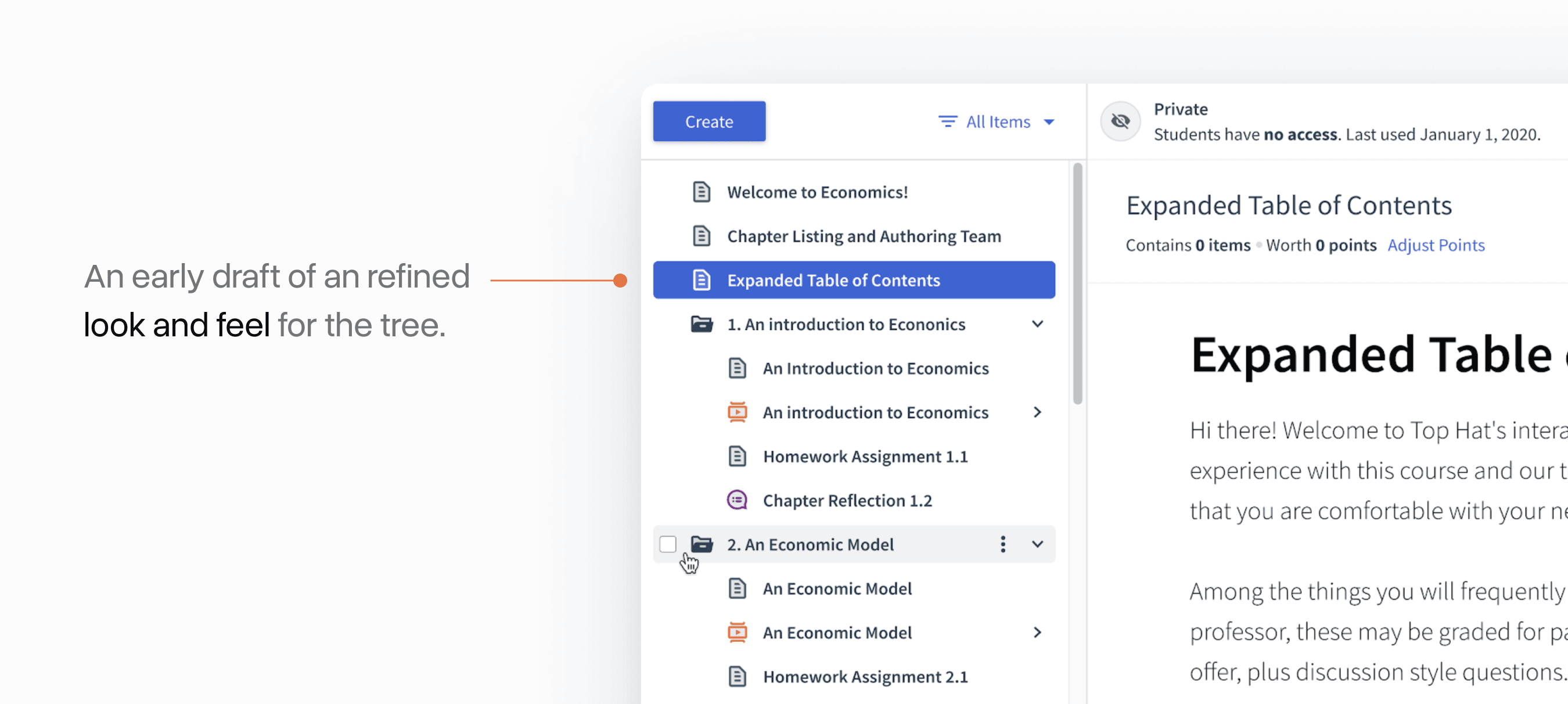 Early high-fidelity mockup of a redesigned course content tree, showing a cleaner hierarchy, simplified icons, and clearer selection states alongside the content preview panel.