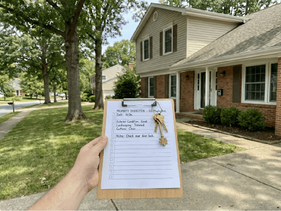 Property manager's clipboard infront of Severna Park home