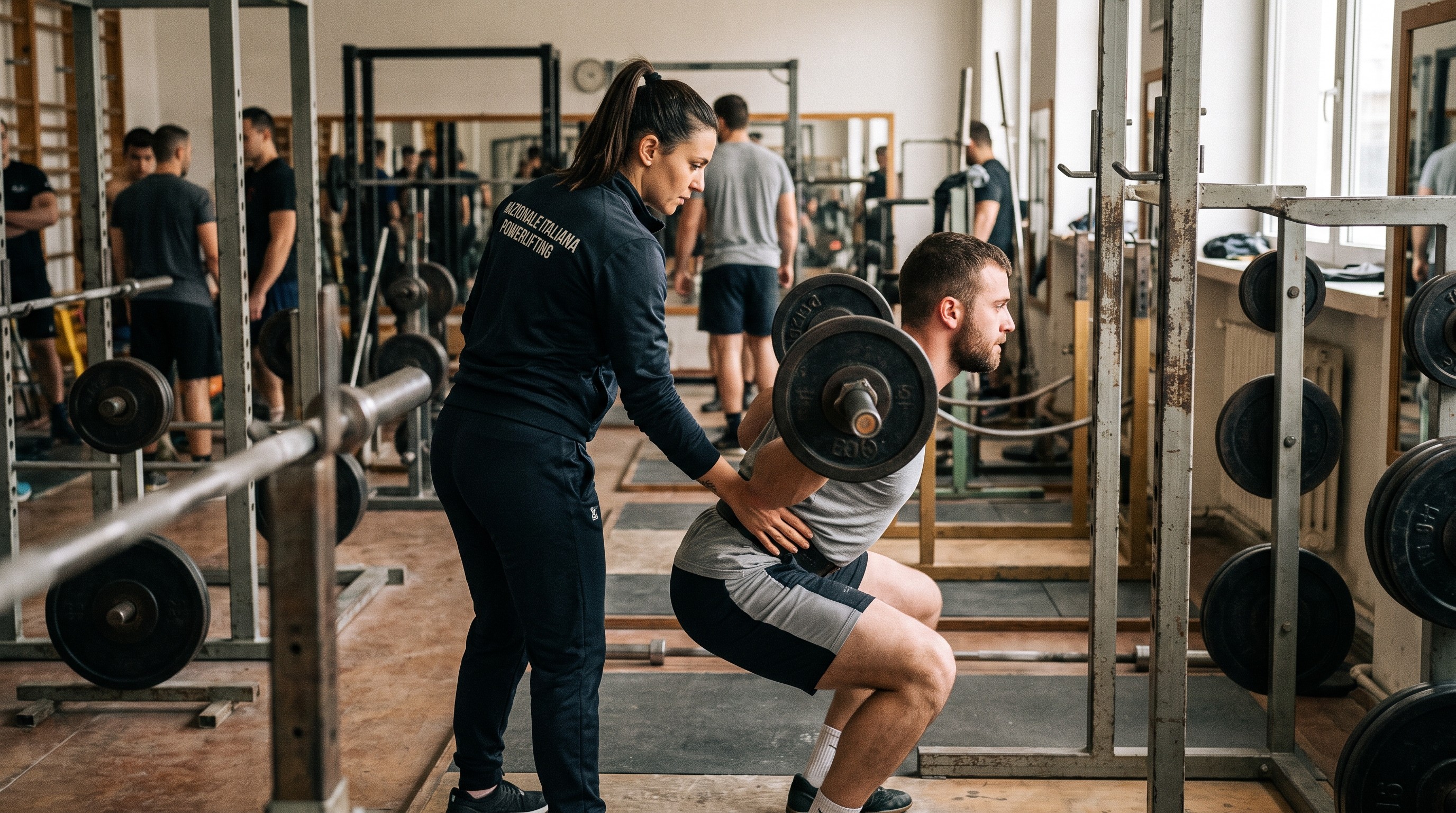 Istruttore AIF corregge la postura di un atleta durante lo squat in palestra professionale