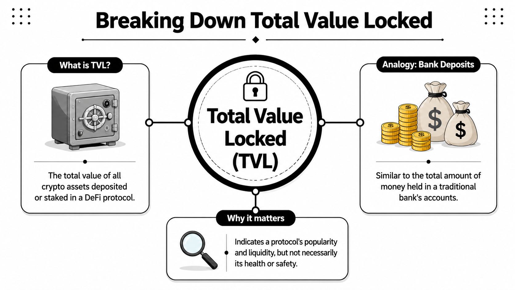 An infographic explaining Total Value Locked (TVL) in decentralized finance using a safe and bank deposit analogy.