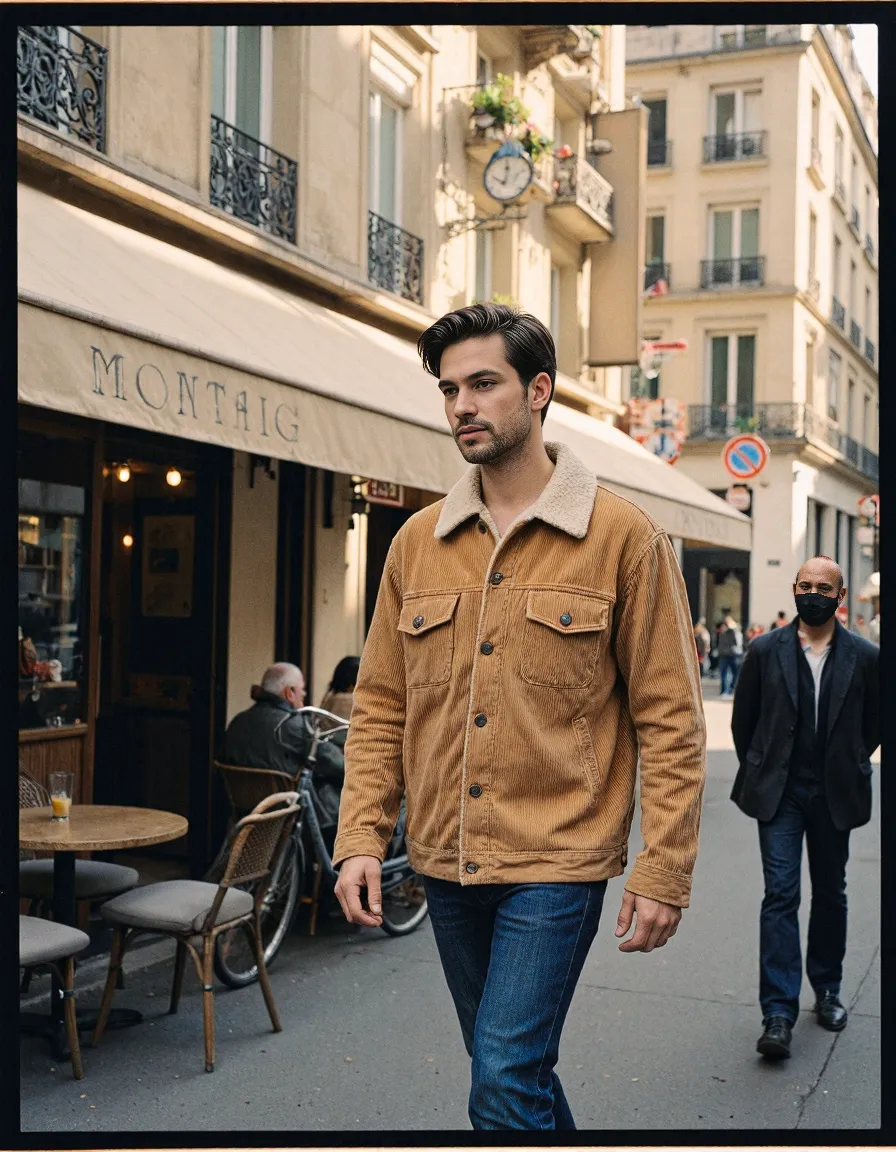 Stylish corduroy jacket with sherpa collar captured in a charming Parisian street scene outside a cafe with classic architecture