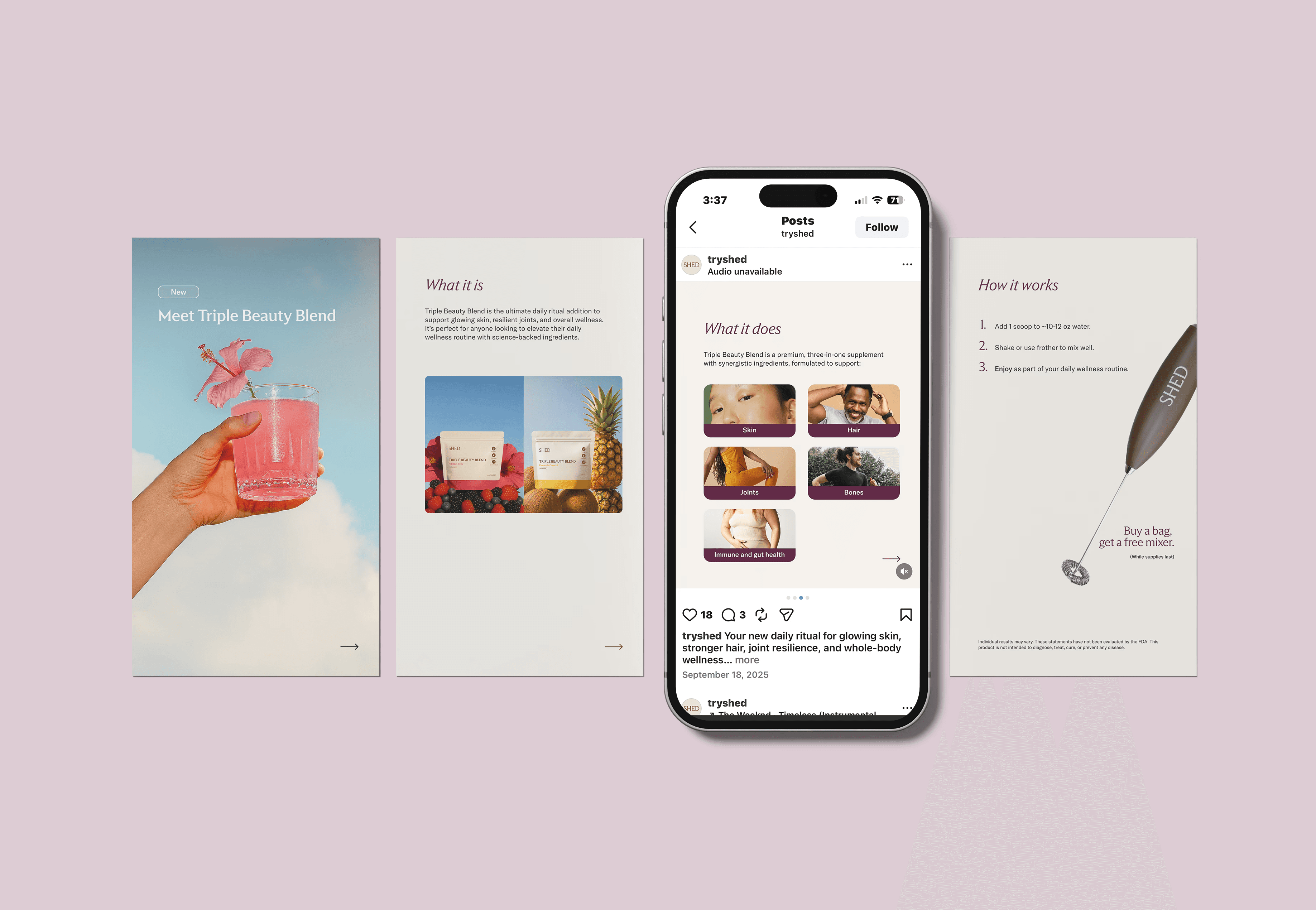 Pink "Triple Beauty Blend" supplement social media carousel