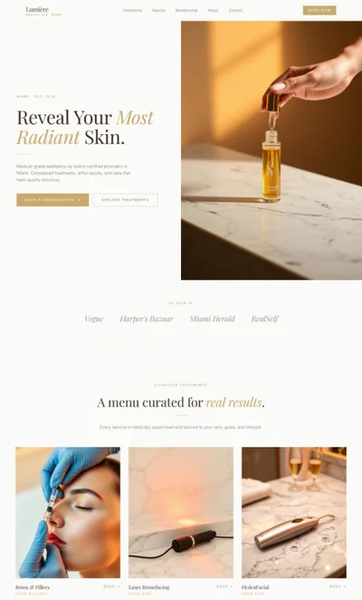 Luxury med spa website template preview with treatment sections