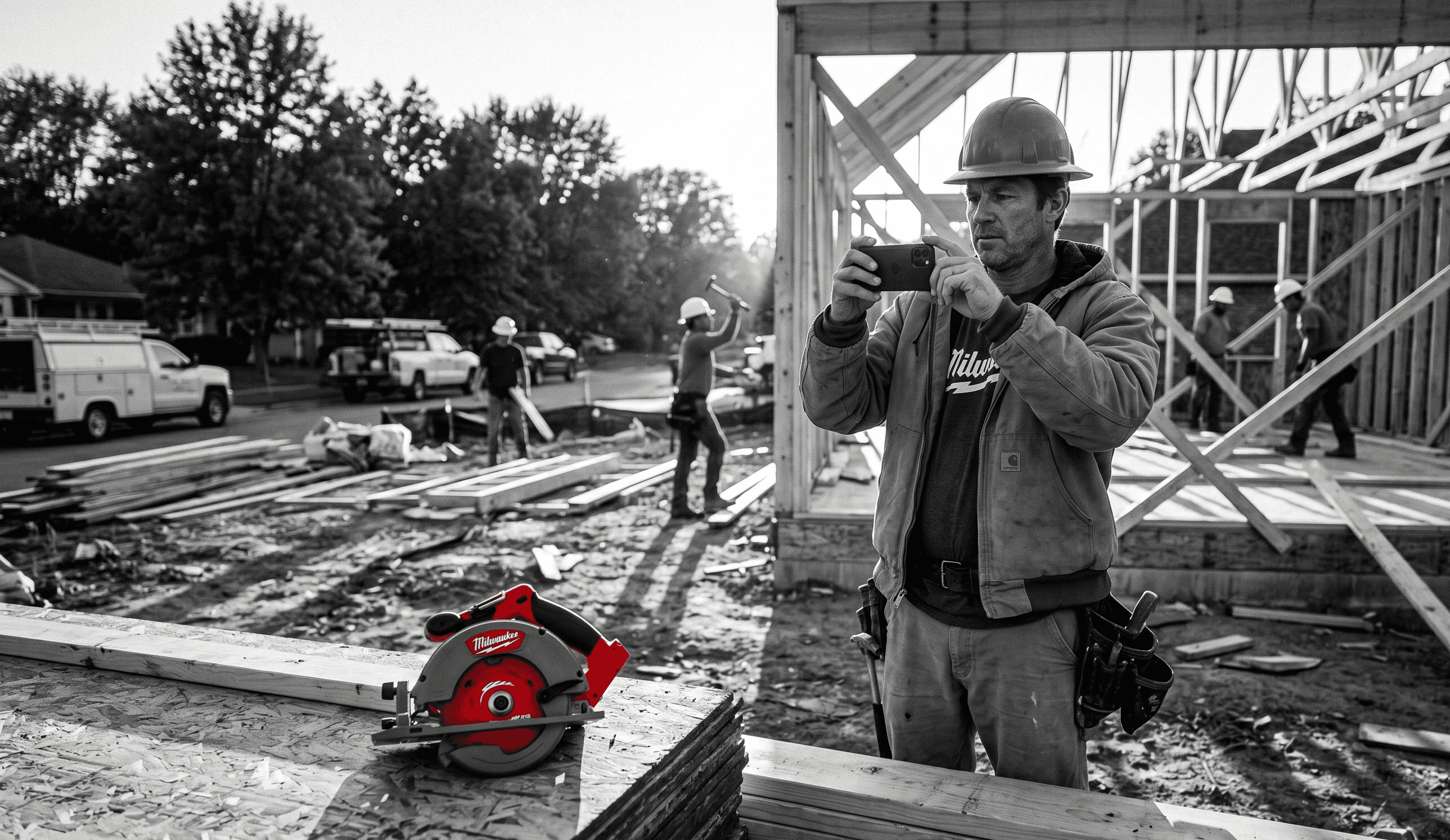 Contractor at a residential jobsite filming a short video on a phone