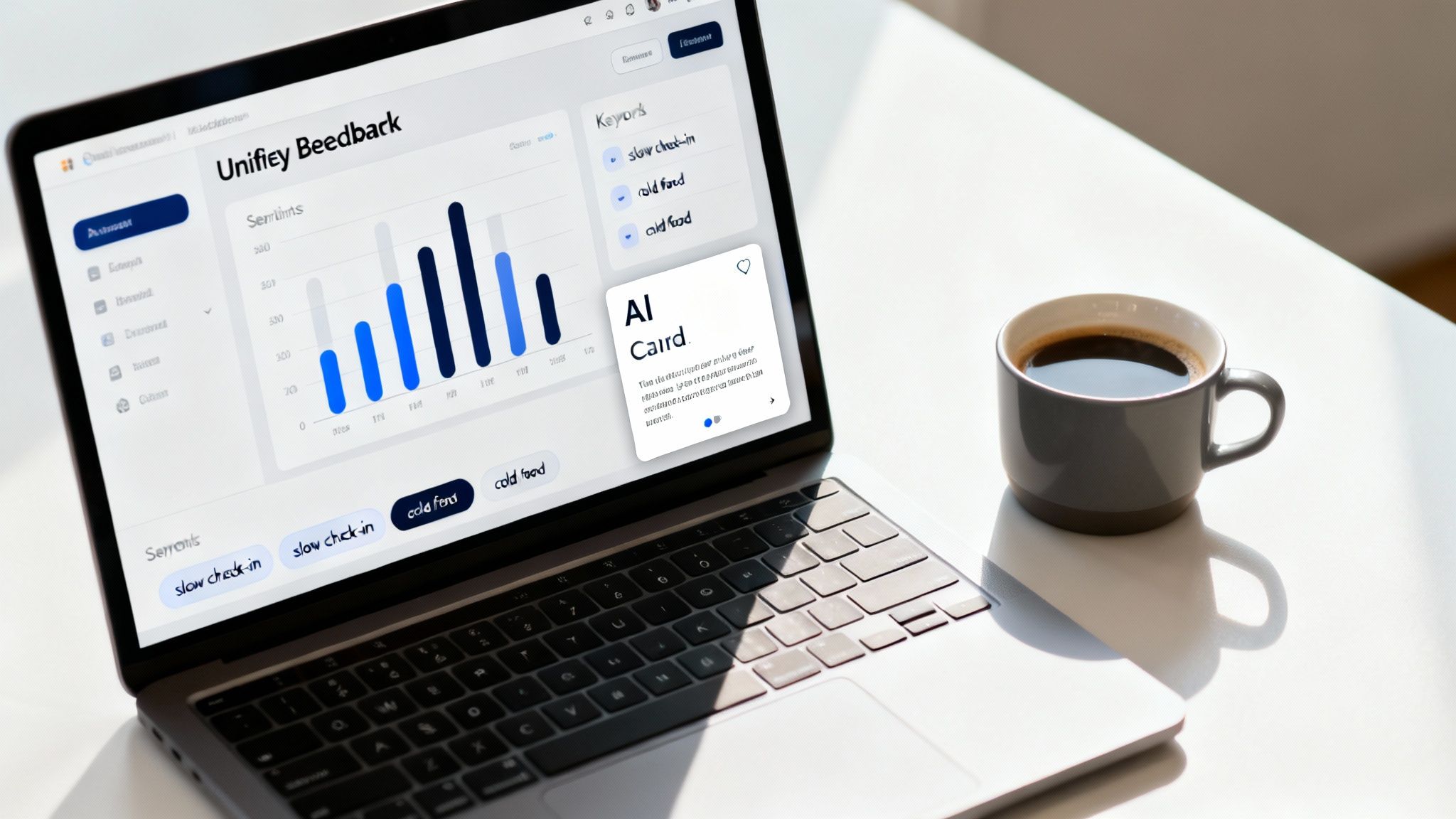 An AI-powered dashboard showing customer feedback sentiment analysis and trends.