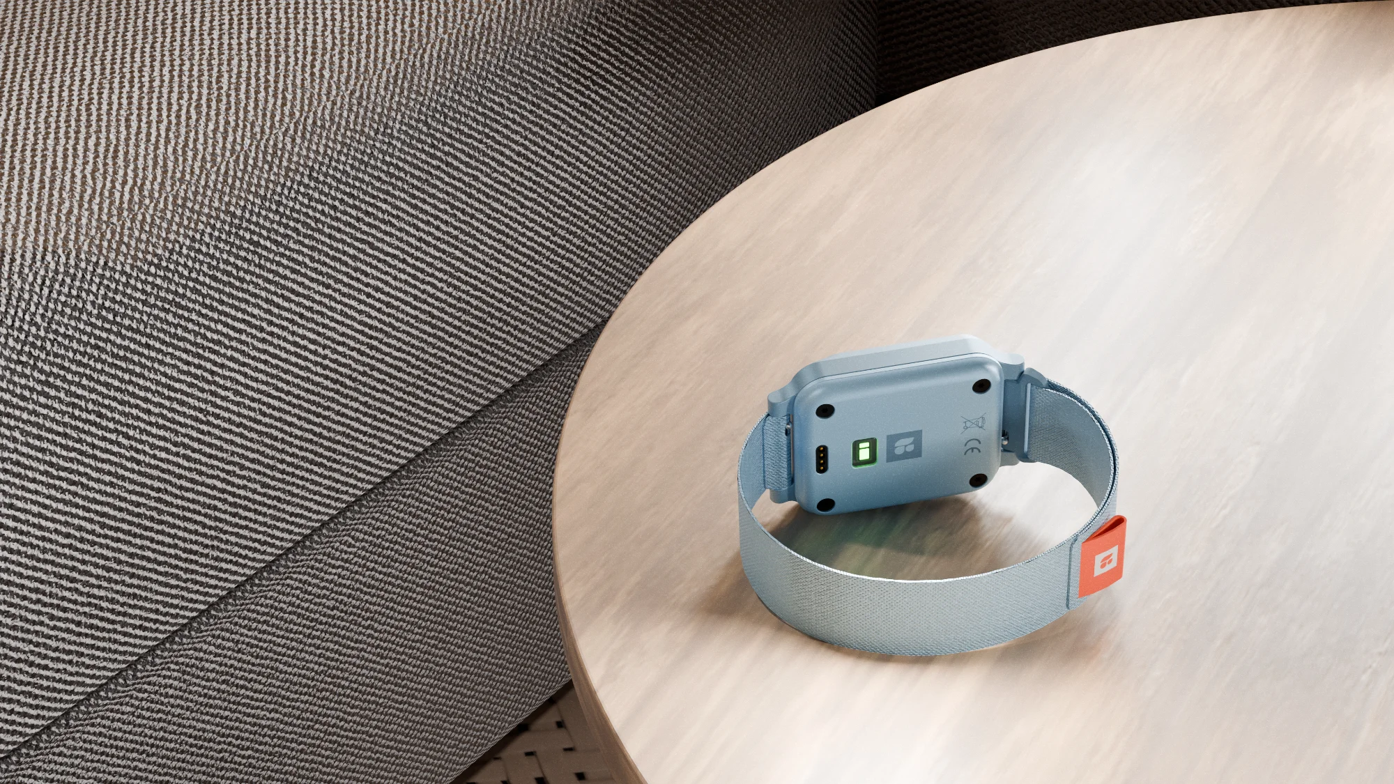 3D render of a biometric sensor smart wearable design, demonstrating the compact casing design and nylon wrist strap.